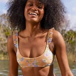 Aerie Orange Floral Bikini Scoop Top Women's Extra Large Ruffle Flutter NWT